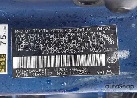 2008 Toyota Prius from USA, damaged, VIN JTDKB20U987783064